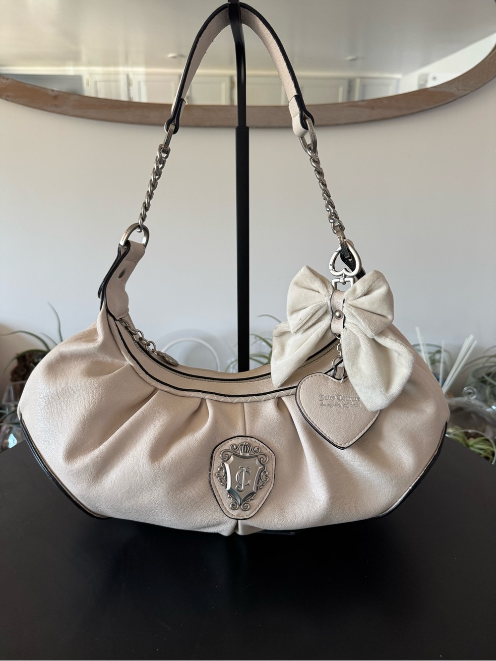 💕Juicy Couture Romance Cream Hobo Bag Heart Mirror Bow Charm Y2K💕